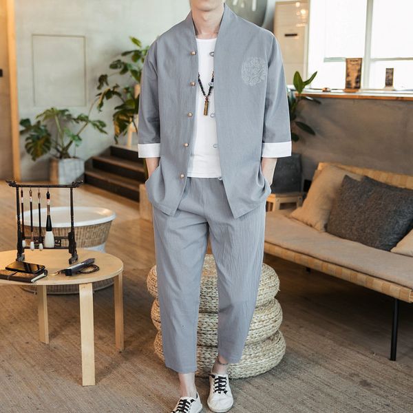 

2021 new chinese style men's cotton linen man casual oversize 2 piece set pants clothes vintage streetwear suit iiov, Black