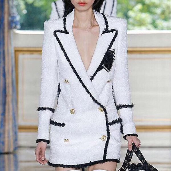 

women's suits & blazers chic women double breasted coat 2021 fall winter runway tweed jackets d6531, White;black