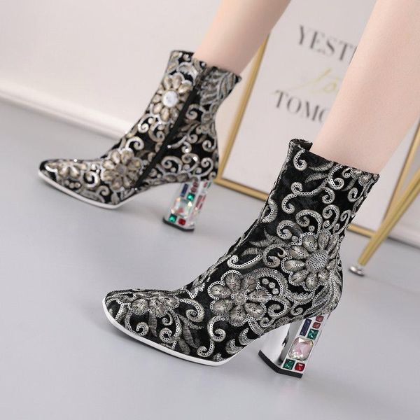 

embroider crystal high heels ankle boots women metal toe ankle boots prom party shoes woman big size chunky heels, Black