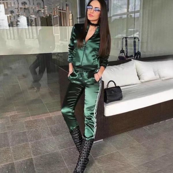 

spring 2019 casaul tracksuit women 2 piece set and pants satin striped patchwork zipper sweatshirt sweat suit, Gray