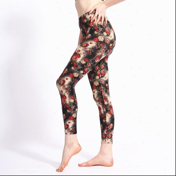 

new arrival red rose flowers printing women leggings high waist polyester spandex soft material elastic fitness legging, Black