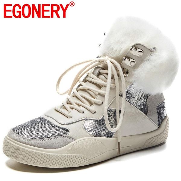 

egonery winter new casual warm shoes women med wedges platform cross-tied round toe boots genuien leather booties, Black
