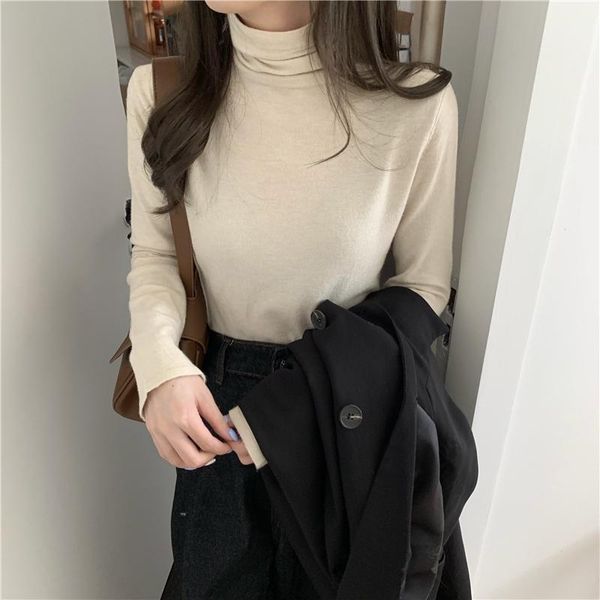 

new all-match pile-collar inner bottoming t-shirt long-sleeved slim-fit women t shirt solid color 1, White