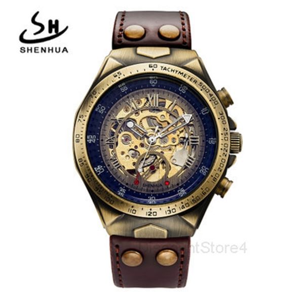 

shenhua men's fashion leisure bronze fully automatic mechanical men's watch, Slivery;brown