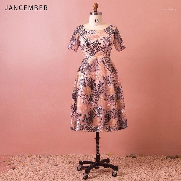 

jancember latest plus size cocktail dresses short sleeve o neck zipper back pattern applique ankle-length classic prom dress1, White;black