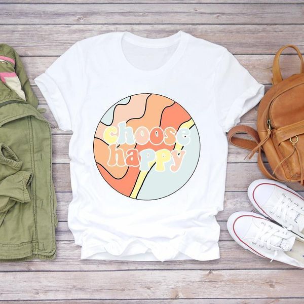 

женщины wave happy printing 90s мода мода с коротким рукавом печать леди футболки топ женские графические футболки женские футболка, White