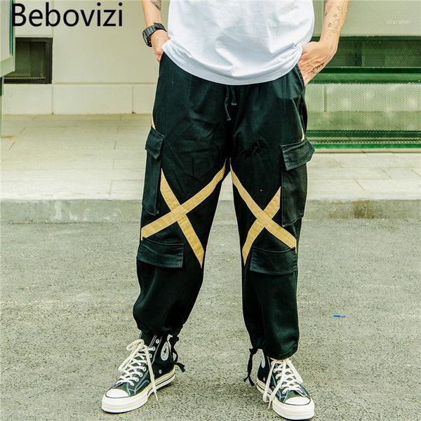 

bebovizi 2019 pockets cargo harem pants mens hip hop casual jogger tatical trousers harajuku streetwear male loose pants1, Black