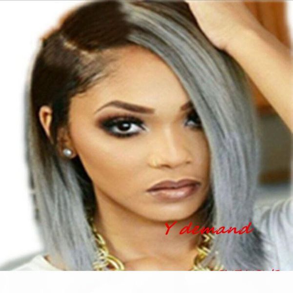 

none lace full wig ombre black & gray 12 inch straight short bob synthetic heat resistant hair wigs fashion popular y demand