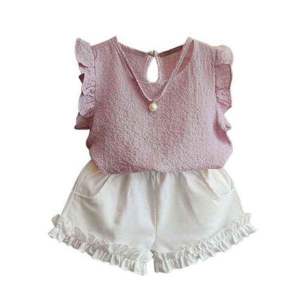 

summer girls children fashion casual pearl sleeveless chiffon blouse + shorts kids suits 2pcs clothing sets g220217, White