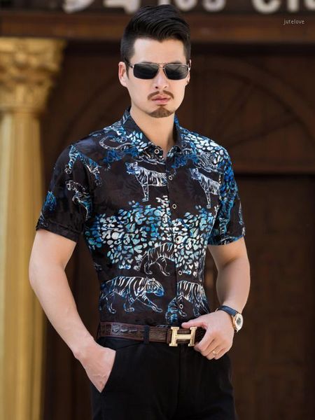 

silk vevlet tiger see through summer short sleeve male camisa social masculina chemise homme 3xl mens velvet shirt1, White;black