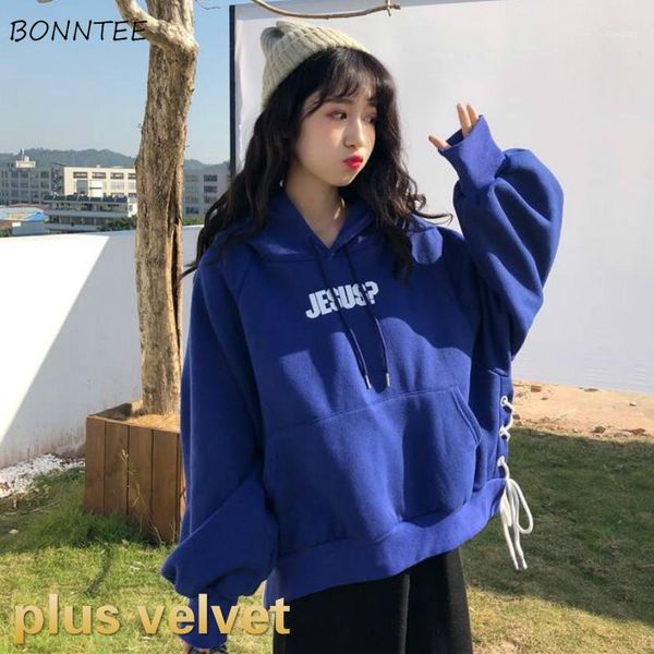 

hoodies women plus velvet printed letter leisure trendy side-slit bandage new fashion korean style thickening warm winter womens1, Black