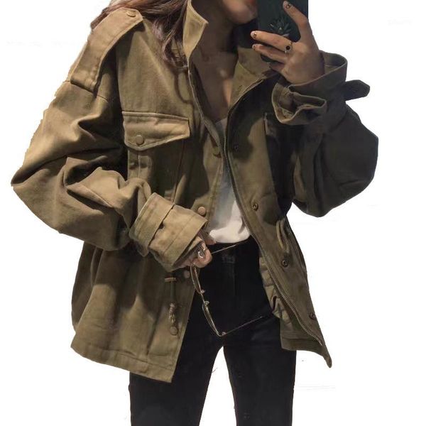 

women bat sleeve windbreaker coat oversize streetwear jacket casual outerwear spring loose drawstring army green jacket1, Black;brown