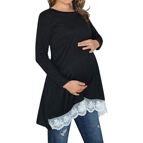 

long sleeve lace hem maternity tunic blouse pregnant clothes sizel, Black;white