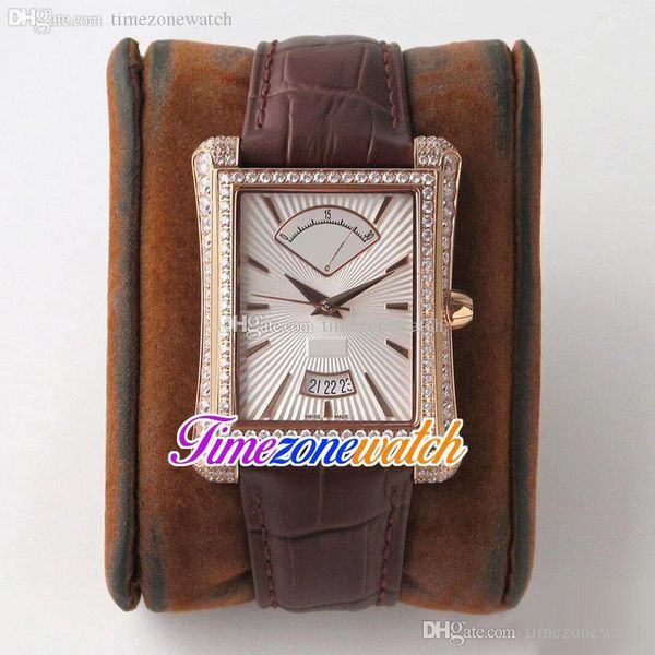 Nuovo orologio da uomo/donna Miyota 8215 quadrante automatico con texture bianca quadrante in oro rosa con diamanti lunetta cinturino in pelle marrone orologi Timezonewatch E30d1