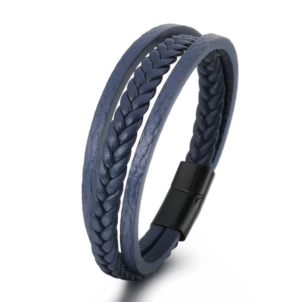 Klassisches Design, geschichtetes, schwarz-blaues Ledermanschetten-Magnetverschluss-Armband, Schmuck für Liebhaber, Geschenk