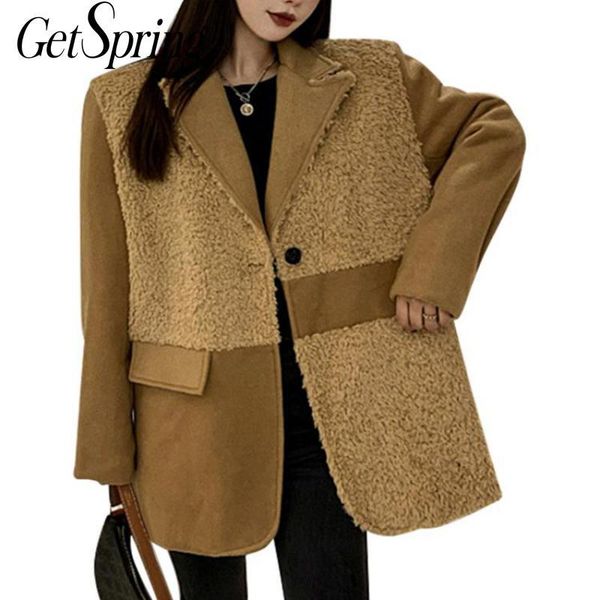 

getspring women woolen coat patchwork long sleeve winter woolen jacket fashion outwear single button loose long overcoat autumn, Black