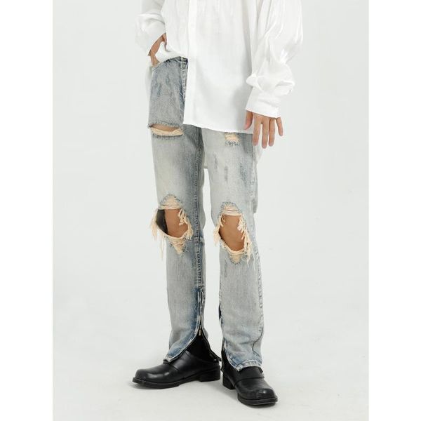 

new male streetwear vintage hip hop punk gothic jeans trousers men broken hole slim fit zipper hem legged denim pants, Blue