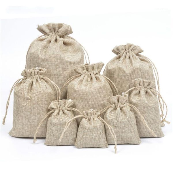

gift wrap 50pcs/lot natural burlap linen jute drawstring bags sacks party favors packaging bag wedding candy supplies1