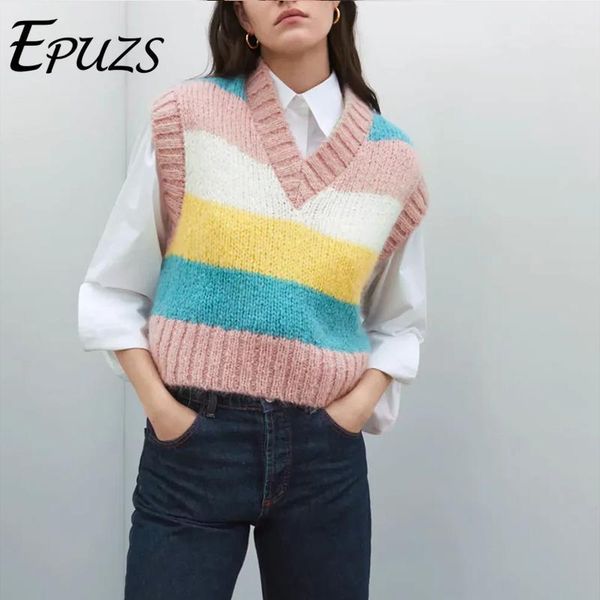 

2021 spring women v-neck sleeve knitted sweater sweet cute striped thick warm vest pullover lady casual loose chic, Black;white