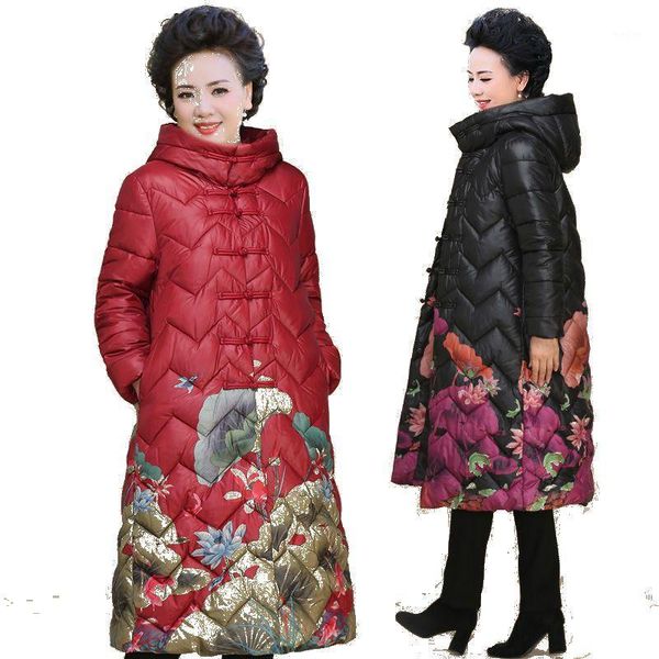 

2020 winter elegant jacket women print thick long coat female warm overcoat outerwear button slim printing cotton-padded coat1, Black