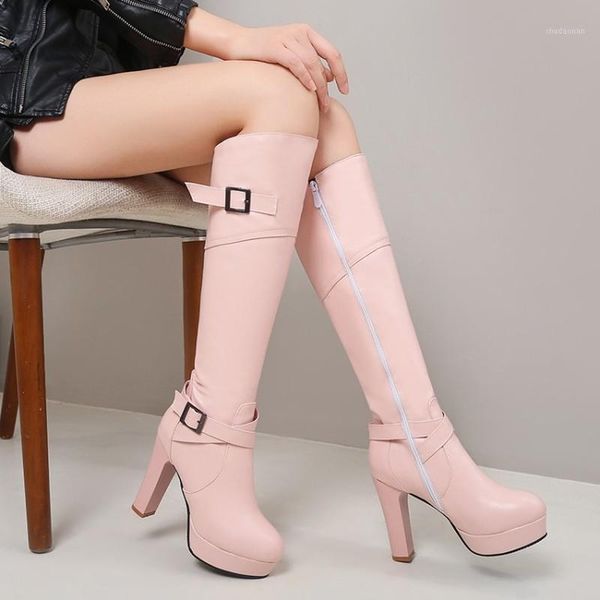 

boots sexythick heel sweet women high autumn knee-high female zipper pu leather buckle platform ladies fashion botas mujer1, Black