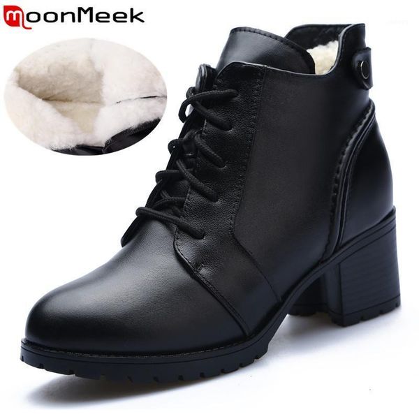 

moonmeek 2020 genuine leather winter boots zip ladies thick high heels ankle boots comfortable keep warm wool snow women1, Black