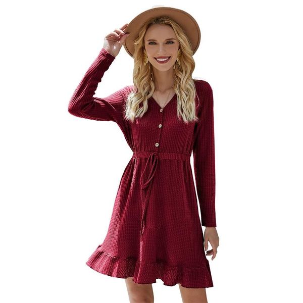 

women long sleeve v-neck button drawstring waffle knit ruffles flowy midi dress m5te, Black;gray