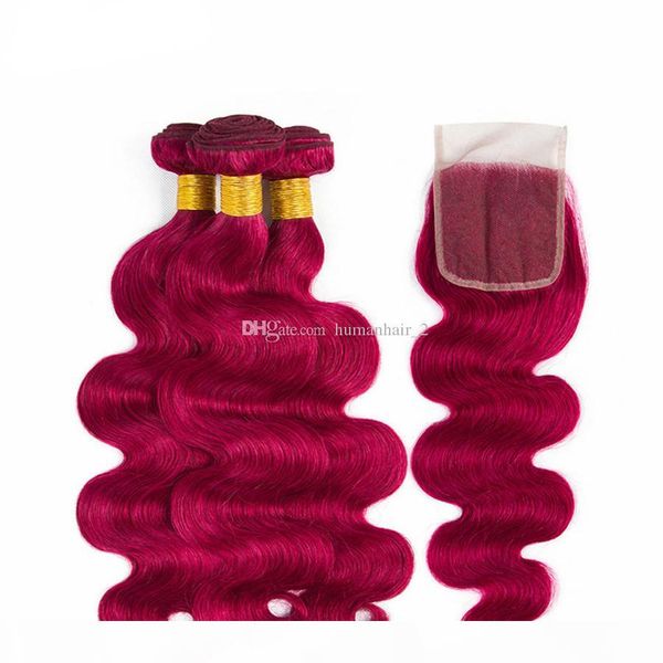 

wine red human hair weaves body wave lace closure with bundles virgin brazilian 99j human hair weaves and lace closure, Black;brown