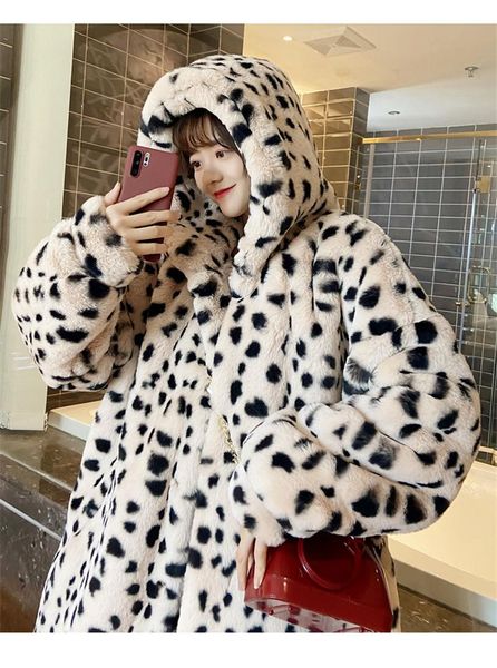 

women's fur & faux 2021 arrivals coats winter leopard female overcoat loose imitation mink velvet hooded trendy lady outerwear, Black