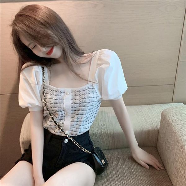 

new 2020 women square neck puff sleeve patchwork knitted shirt chic ladies streetwear short sleeve blouses femininas, White;black