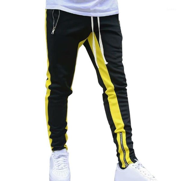 

men pants color patchwork zipper men's clothing casual pants sports skinny jogging trousers streetwear drawstring male1, Black