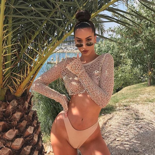 

women's t-shirt white hollow out mesh female harajuku skinny crop 2021 summer fashion basic for women fishnet shirt