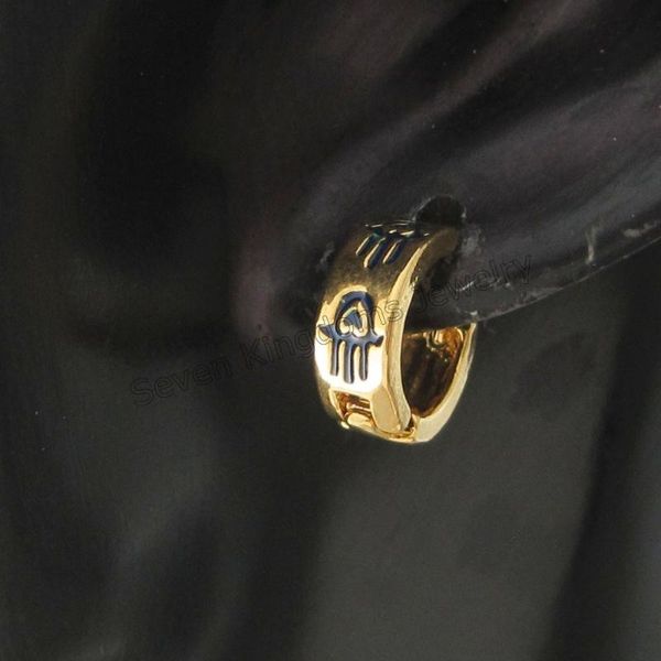 

yellow gold gp color blue or dark blue enamel hamsa hand hoop diameter 0.51" earring width 5mm, Golden;silver