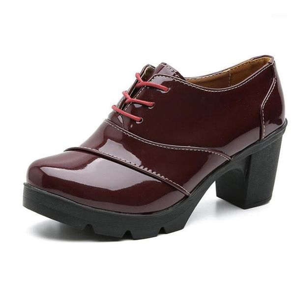

dress shoes solid color lace-up work fashion women pumps platform high heels oxfords pu leather 7cm thick heel harajuku female student shoes, Black