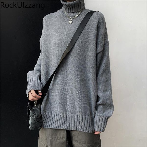 

korean japanese men high neck turtleneck solid gray sweater loose knitted knit pullover fashion winter fall clothing casual, White;black