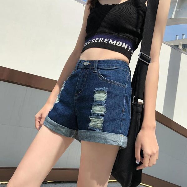 

aurkrrvn casual female shorts women's denim 2020 ripped hole high waist shorts jean for woman classic lady oversize, Blue