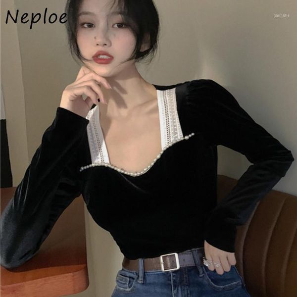 

neploe panelled patchwork design women blouse 2020 autumn new chic beading femme blusas square collar velvet shirts1, White