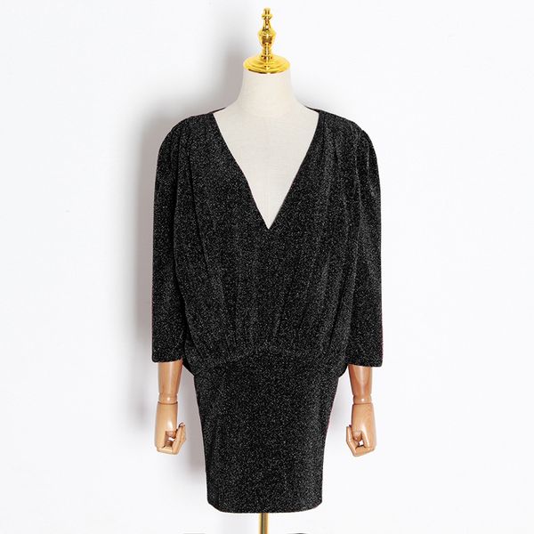 

2020 new fashion design casual silk ladies deep v neck puff sleeve pleated short dress ing, White;black