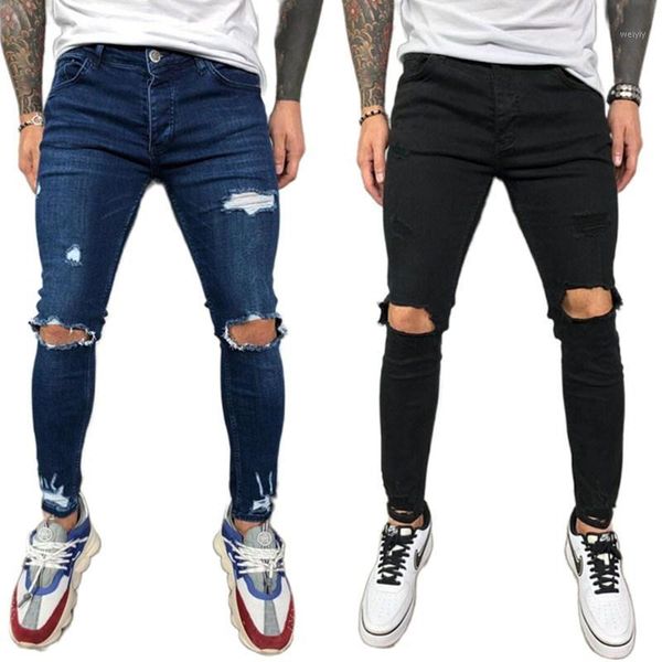 

biker jeans men's distressed stretch ripped biker jeans men hip hop slim fit holes punk denim cotton pants zipper1, Blue