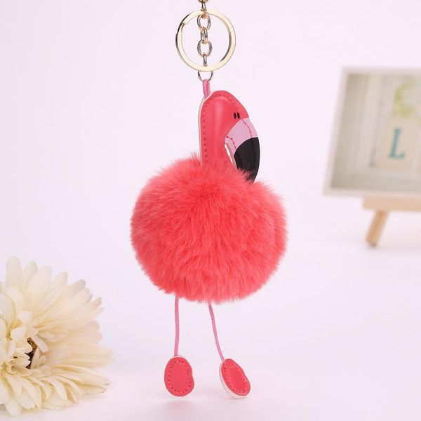 

flamingo keychain pu leather birds key chain pompom fur key holder cover women bag charm pendant accessories chaveiro1, Silver