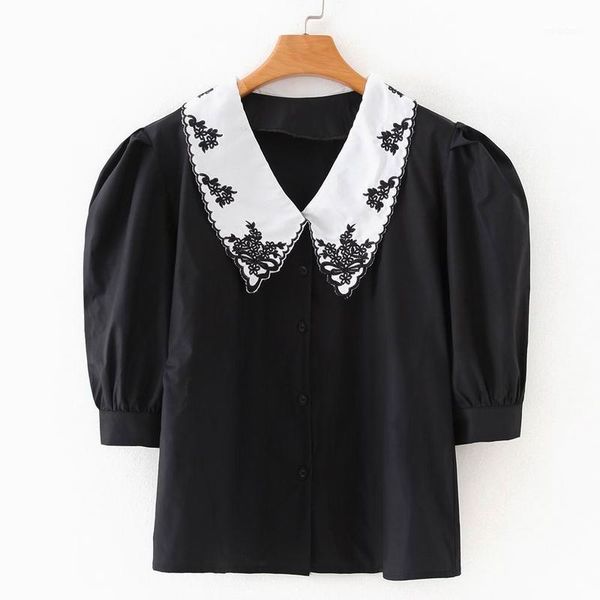 

women summer 2020 new fashion embroidery puff sleeve preppy girl white black blouse shirt1