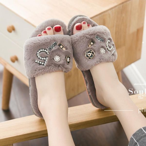 

slippers pearl letters fur women perfume slides pantoffels dames crystal furry flip flops ladies comfy plush home shoes, Black