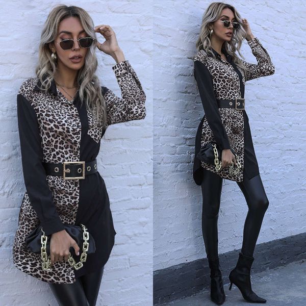 

2021 spring new leopard cardigan sleeve slim lapel splicing long shirt, White