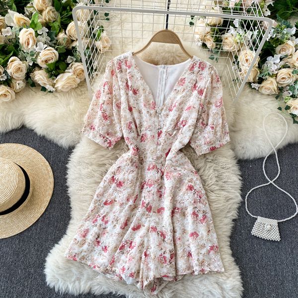 

2021 new singiny floral woman's neck puff elegant office summer vacation long short overalls a1t4, Black;white