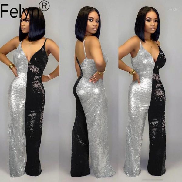 

felyn 2020 new arrival jumpsuits spaghetti strap sparkly sequins night club rompers bb88611, Black;white