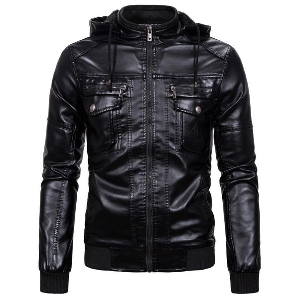 

hooded leather jacket men winter plus velvet thicken leather jacket mens soft sheepskin windproof motorcycle leather jacket 201026, Black