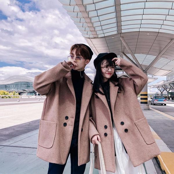 

men's wool & blends woolen trench coat winter thickened couple men youth loose large size women's clothing mens overcoat, Black