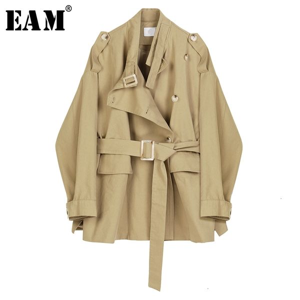 

[eam] loose fit khaki bandage stitch big size jacket new stand collar long sleeve women coat fashion spring autumn 1d361 201017, Black;brown