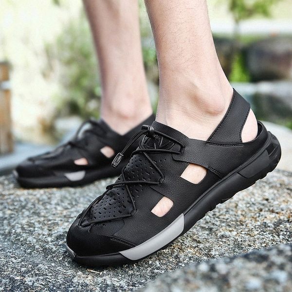 

men's sandals genuine leather athletic men shoes waterproof hiking walking beach slip on fashion outdoor summer male footwear #ek4w, Black