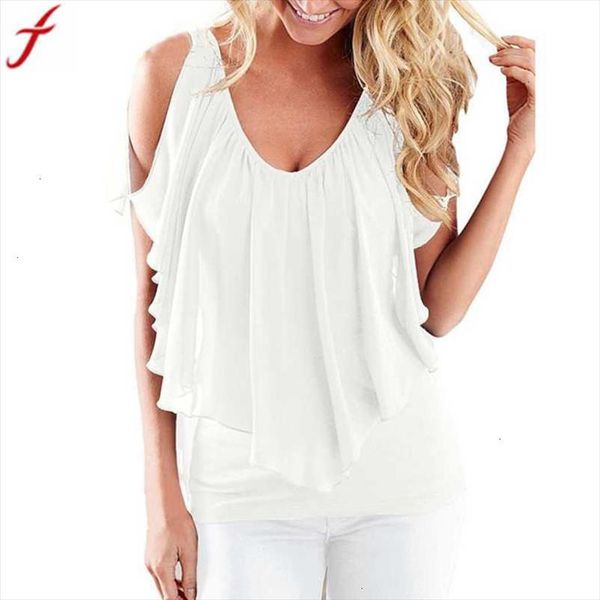 

women ruffles fashion women loose cold shoulder blouse summer casual soild plus size tunic shirt blusa feminina 4, White